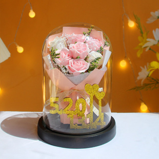 情人节玻璃罩玫瑰花束生日送女友送闺蜜 表白礼物神器LED小夜灯摆