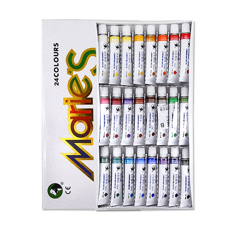 马利牌管状水彩颜料18色24色36色初中生美术生专用水彩画套装全套工具玛丽牌儿童小学生广告彩12色绘画色彩笔