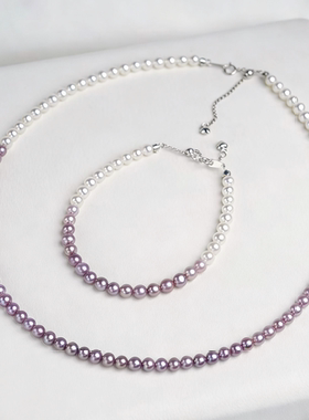 竺玥·紫色渐变天然淡水珍珠项链女设计感气质锁骨链颈链手链套装