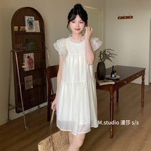 初恋甜美系小个子短款连衣裙2024夏季新款荷叶圆领法式小飞袖裙子