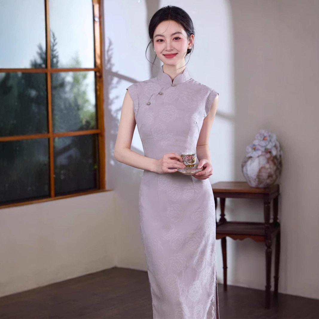 苏州旗袍春夏紫色提花优雅旗袍