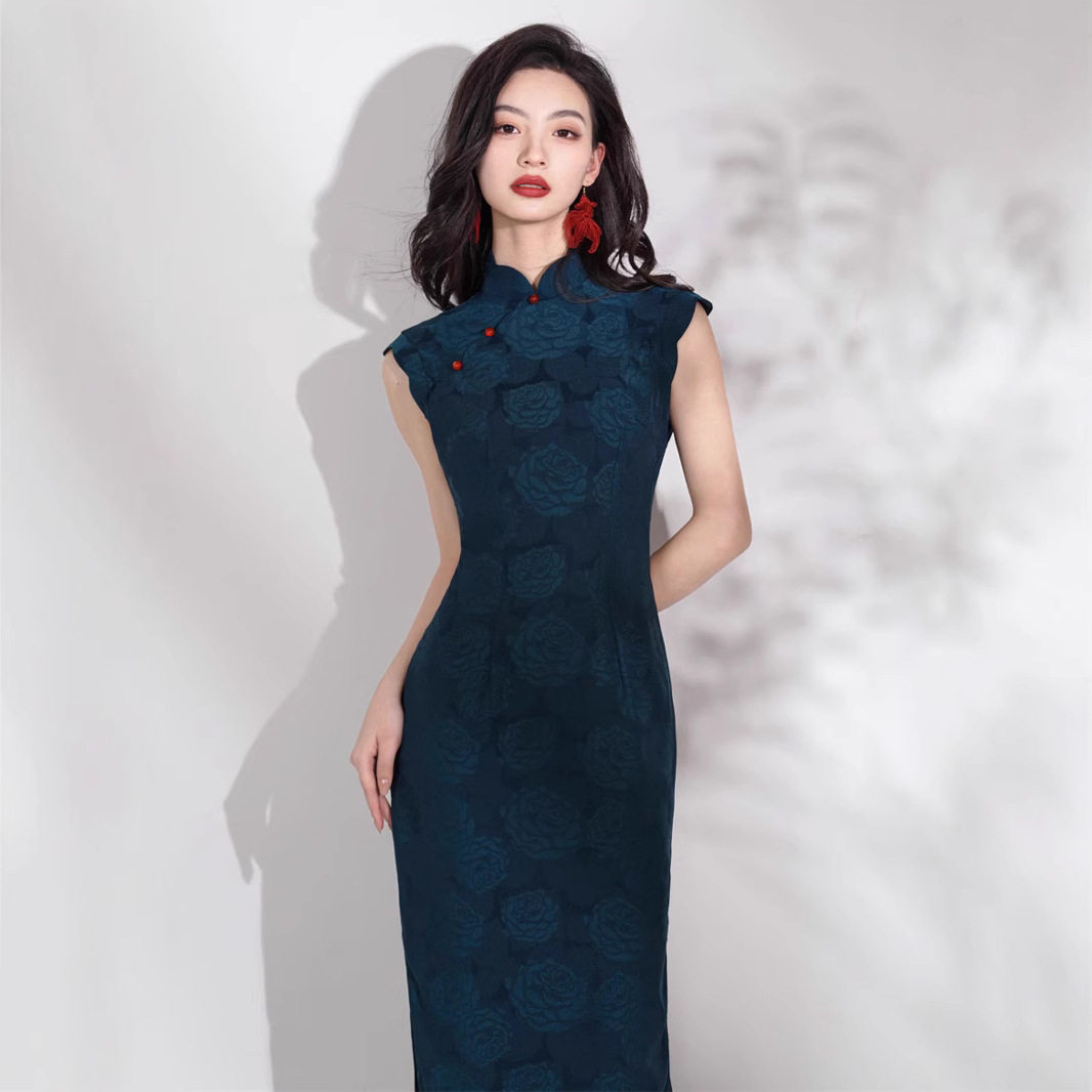 苏州旗袍女蓝色提花优雅旗袍