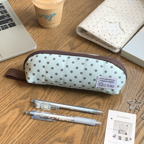 ins薄荷波点学生便携手提笔袋文具袋简约小众铅笔袋多功能收纳包