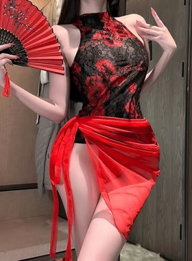 制服情调套装新年红色印花情侣升温旗袍性感床上大尺度趣味睡衣裙