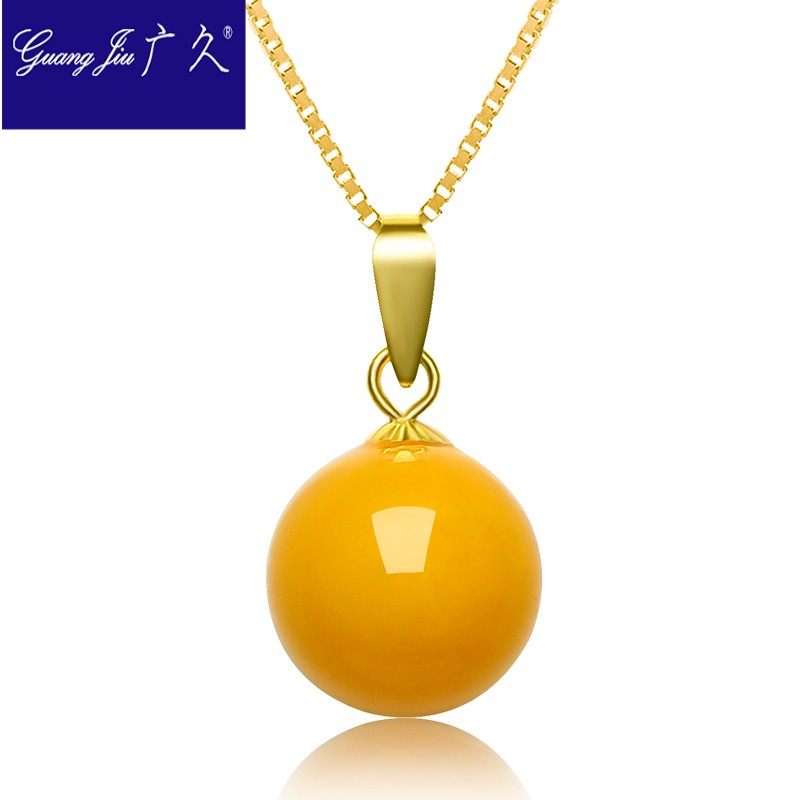 18K金镶嵌蜜蜡吊坠女款 吊坠鸡油黄琥珀原石圆珠项链挂件HW0603
