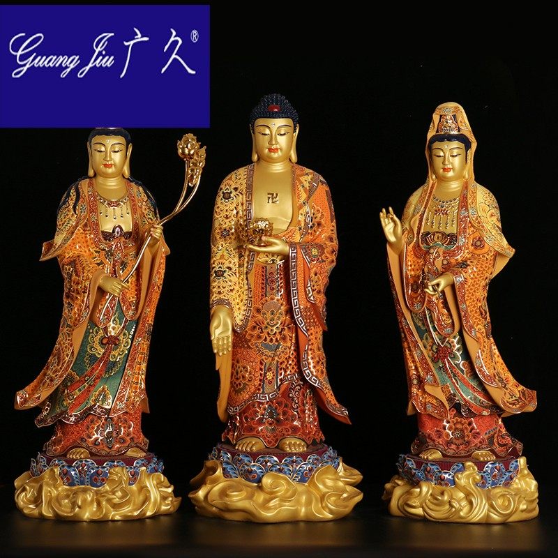 佛具西方三圣纯铜彩绘阿弥陀佛观音大势至菩萨铜佛像摆件HW0521