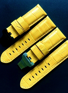适配沛纳海鳄鱼纹真皮手表带蝴蝶扣款竹节纹牛皮黄色腕带表链24mm