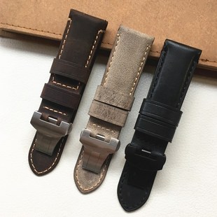 棕黑灰色24mm PAM441蝴蝶扣款 手工牛皮真皮表带代用沛纳海 PAM111
