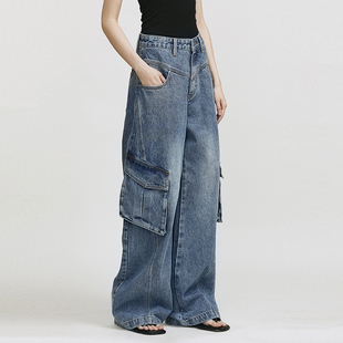 裤 Carolingian松弛B入 重工立体斜线分割长绒棉做旧磨白牛仔工装