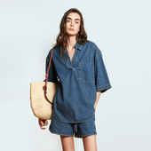 短裤 Carolingian松弛感 重磅轻雪花洗水精梳棉牛仔落肩宽松衬衫