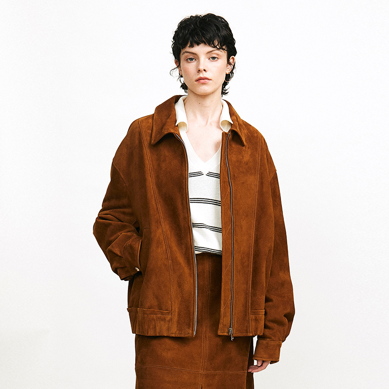 Carolingian低奢B入!进口头层反绒皮羊皮时髦分割复古真皮短夹克