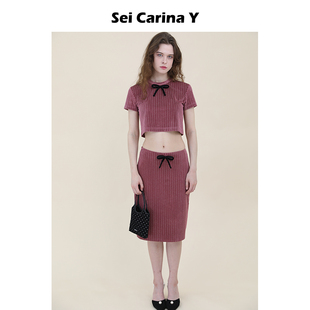 套装 Sei 饰短袖 Carina 女半身裙子条纹百搭甜美气质T恤 Y蝴蝶结装