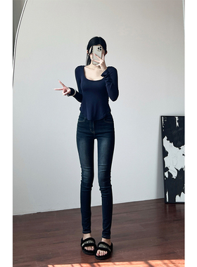 深蓝色V字高腰弹力修身小脚九分牛仔裤女175高个子显瘦铅笔裤