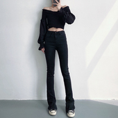 拖地牛仔裤 黑色加绒马蹄裤 高腰显瘦微喇叭紧身175高个子加长版 女