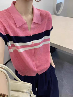 欧货羊毛衫欧根纱浮雕短袖高品质上衣polo领拼色条纹针织毛衣女装