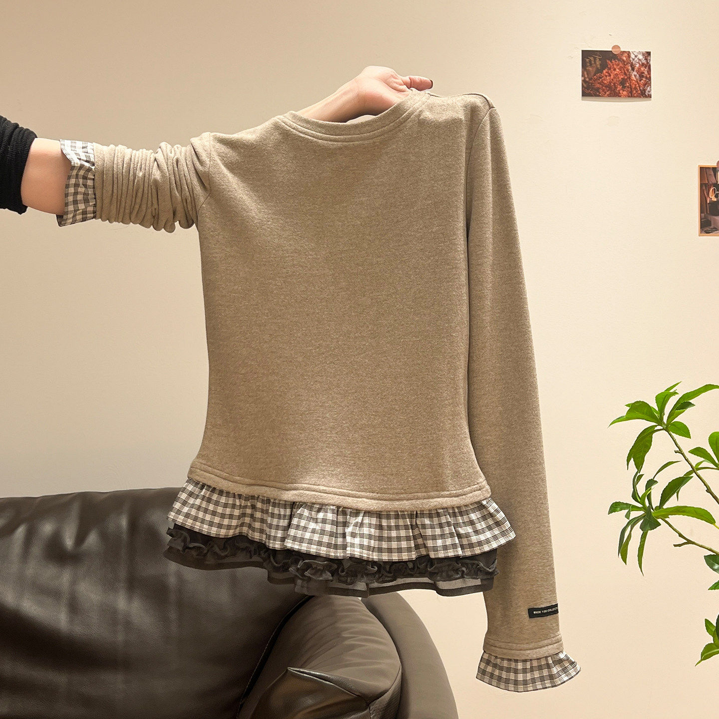 荷叶蕾丝花边下摆长袖磨毛T恤女春季修身内搭加绒加厚打底衫上衣