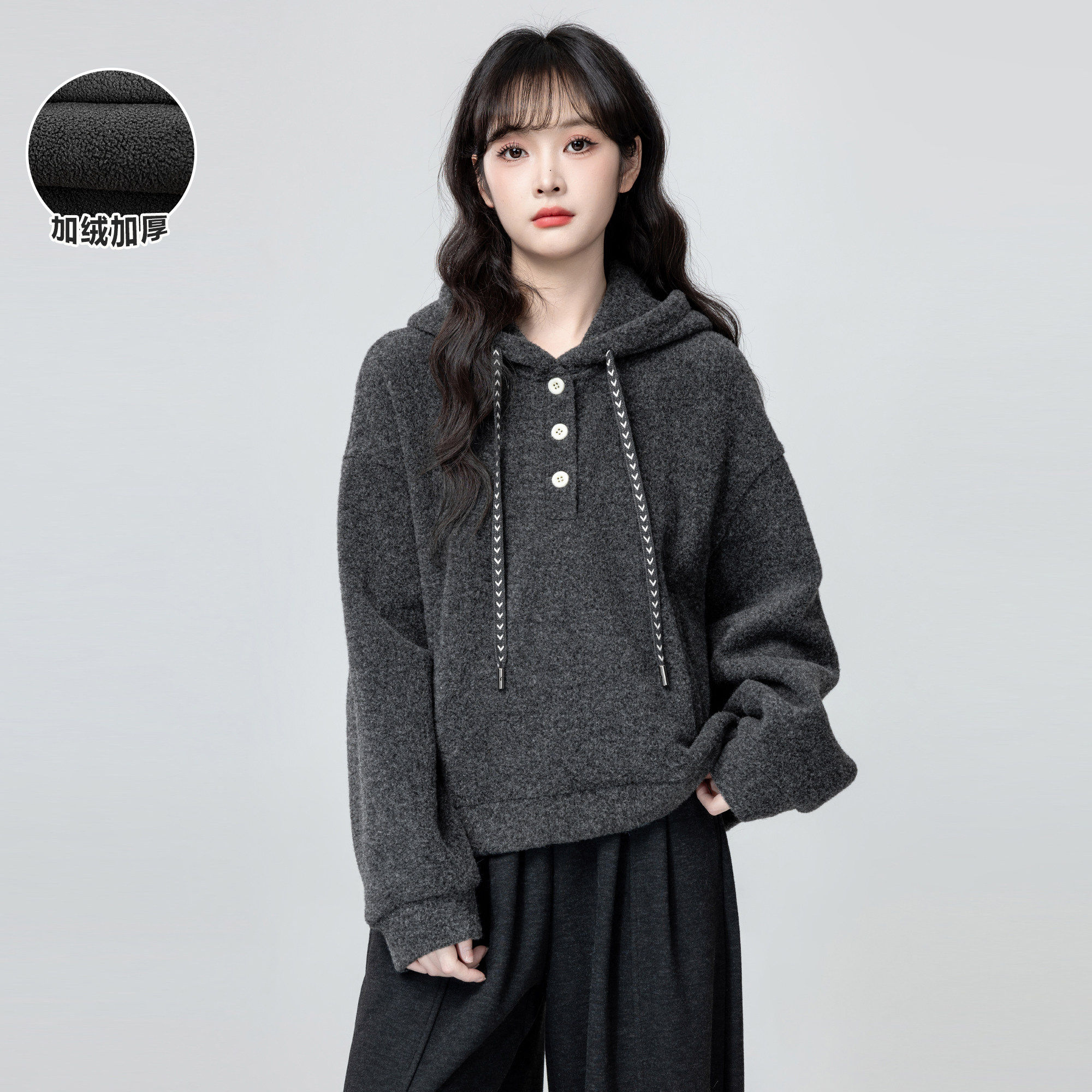 深灰色连帽卫衣女加绒加厚秋冬2025冬季新款套头帽衫学生短款上衣