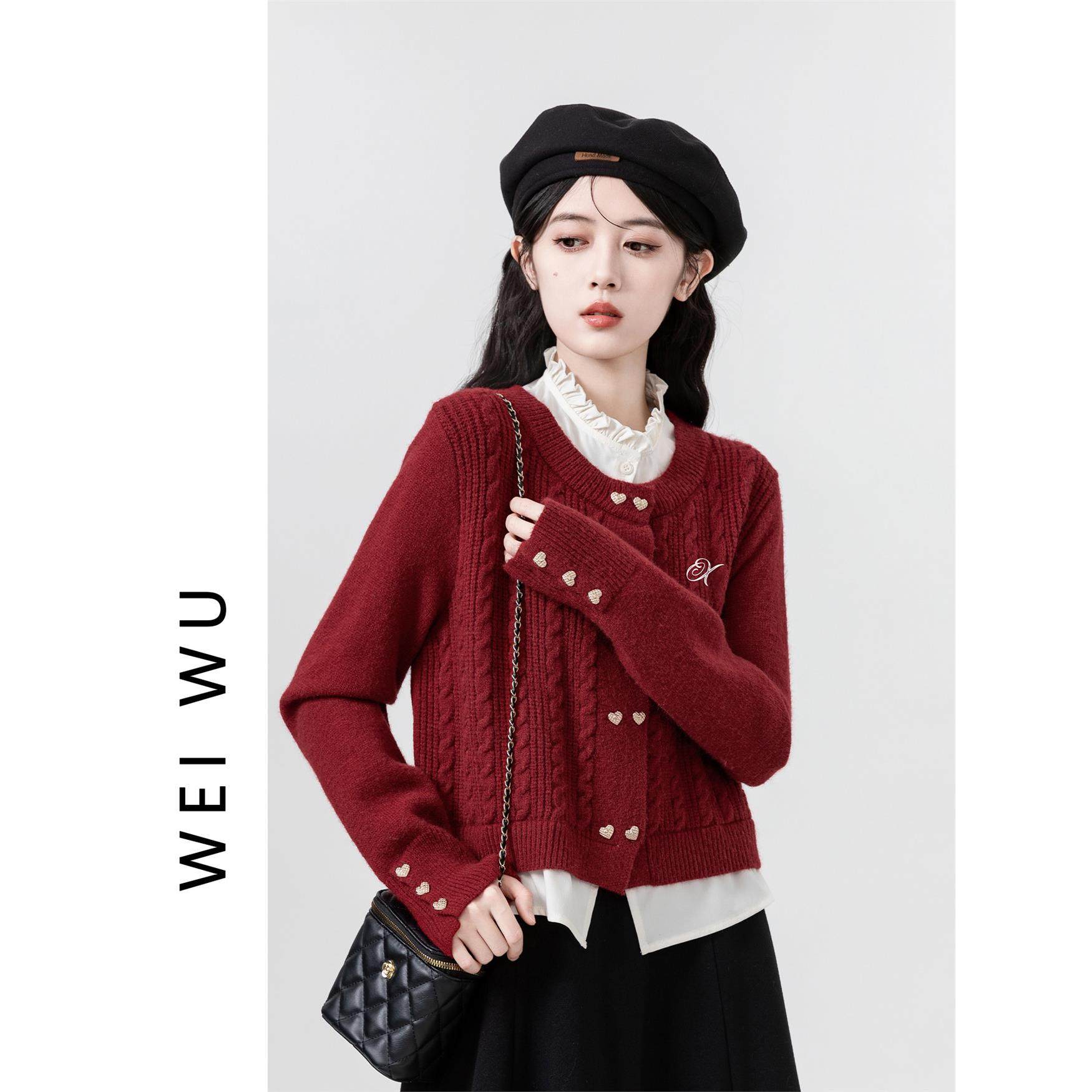 假两件红色针织开衫女春秋2025新款设计感衬衫拼接毛衣外套短上衣,个性定制/设计服务/DIY,棉服工装,淘宝优惠券,粉丝福利购,淘宝优惠卷