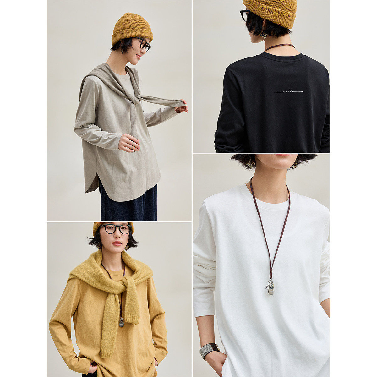 麻霖春季新品棉混纺简约圆领显瘦圆弧下摆印花长袖T恤上衣