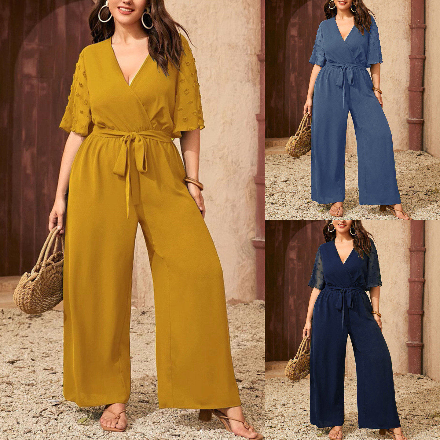 Plus size women ladies jumpsuit 大码女装夏季V领宽松连体裤4XL