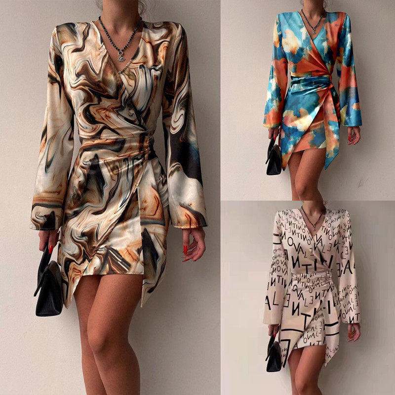 2022秋季新款欧洲站V领字母印花通勤OL修身不规则长袖连衣裙DRESS