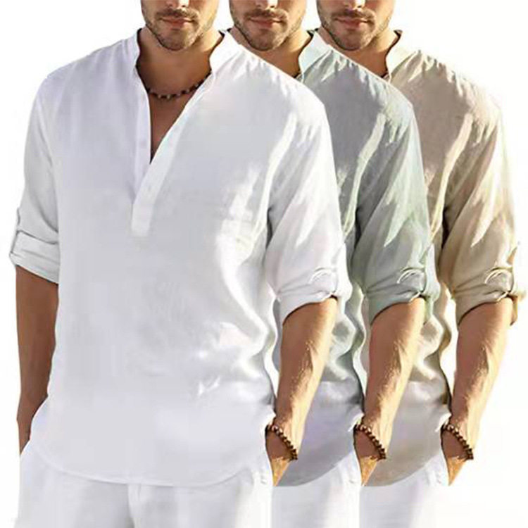 2022男装亚麻长袖T恤宽松汗衫纯色长袖棉麻衬衫大码Man&rsquo;s S