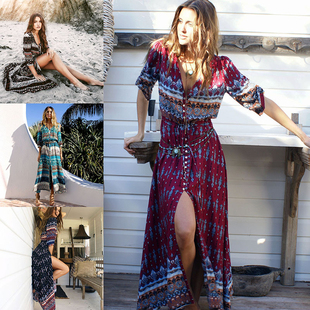 beach long dress跨境沙滩长裙速卖通泰国度假单排扣印花连衣裙女