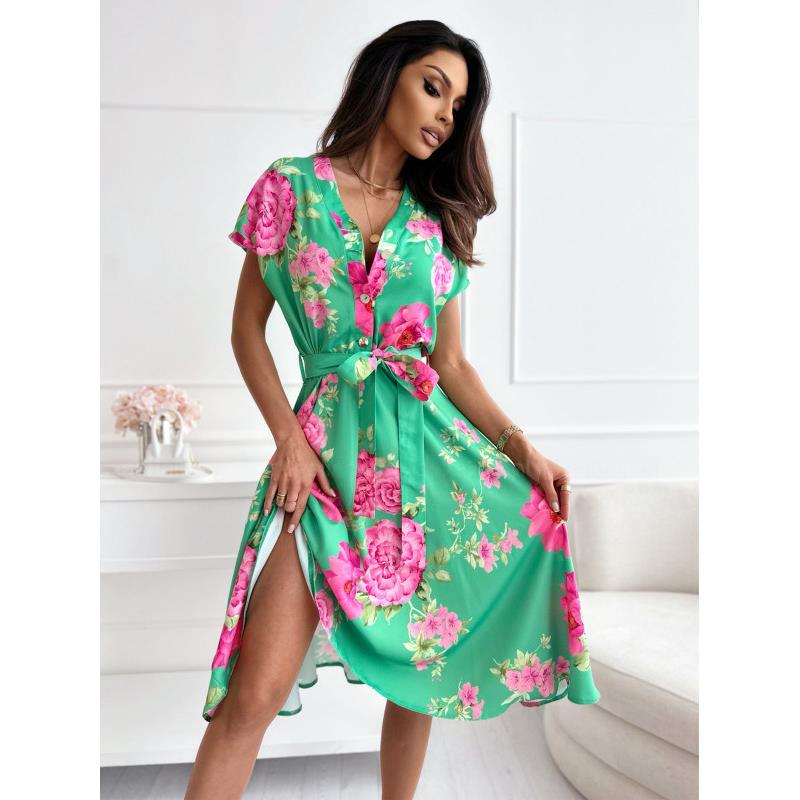 甜美夏季新品V领大花印花系带单排扣A字短袖中长款连衣裙女DRESS