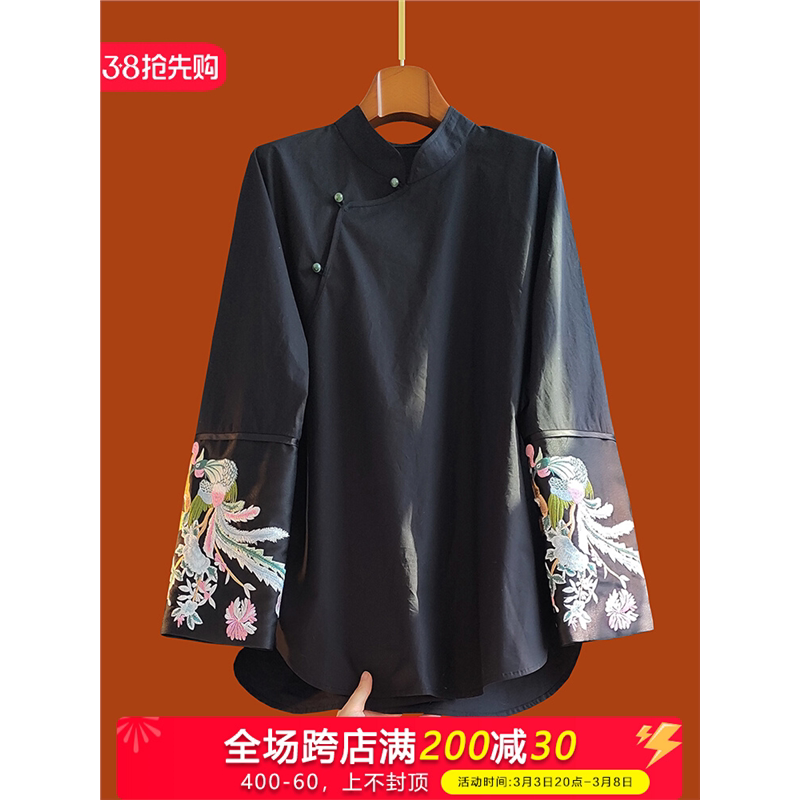 黑色纯棉国风斜襟盘扣长袖衬衫女秋新款宽松唐装重工国风刺绣上衣