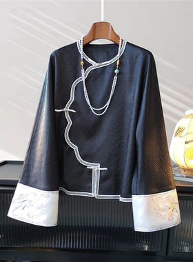 黑色改良日常新中式醋酸国风上衣女秋季原创复古斜襟盘扣刺绣唐装