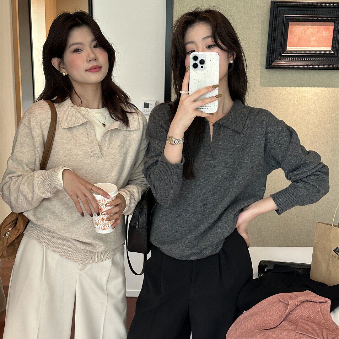 灰色翻领毛衣女内搭针织