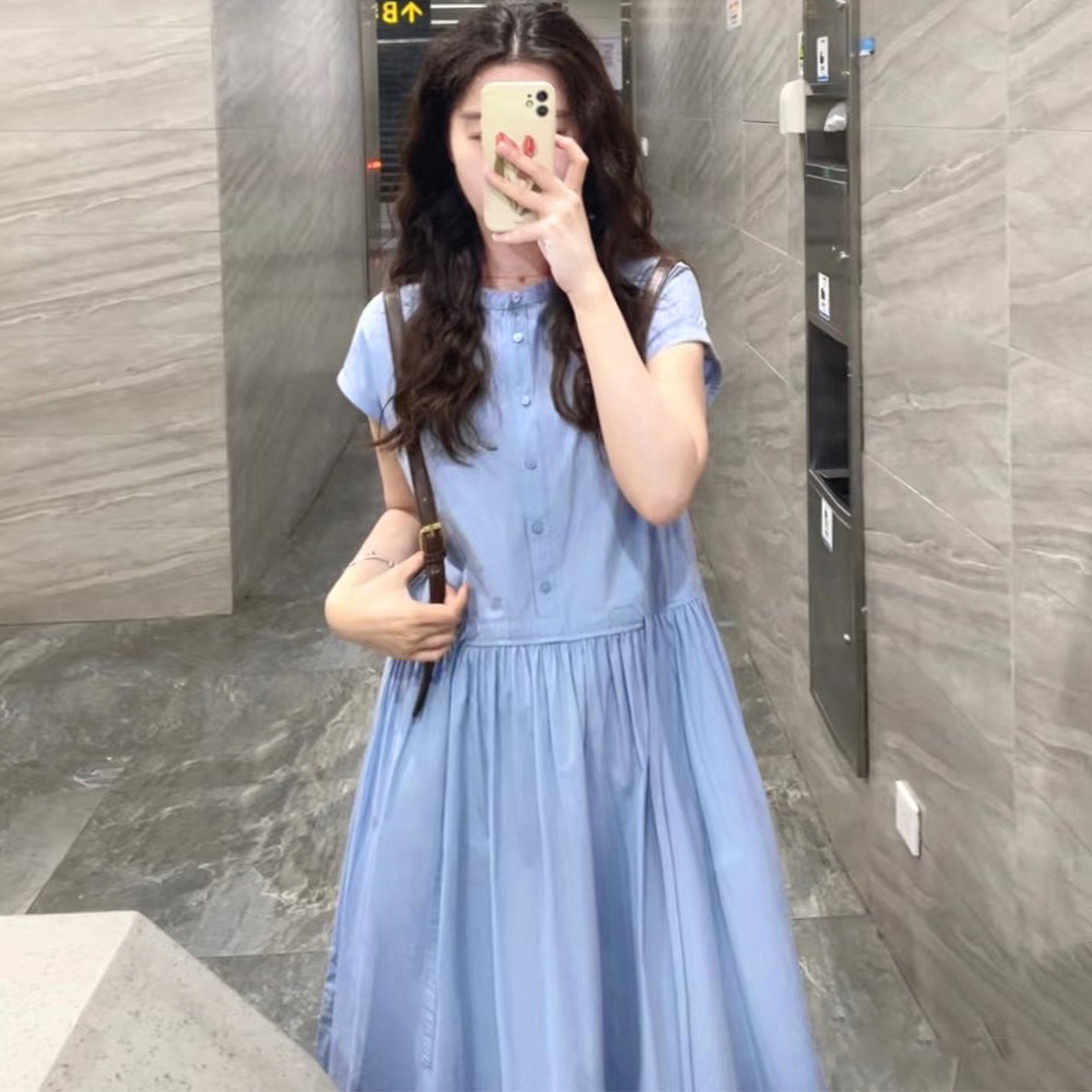 法式蓝色短袖衬衫洋装女