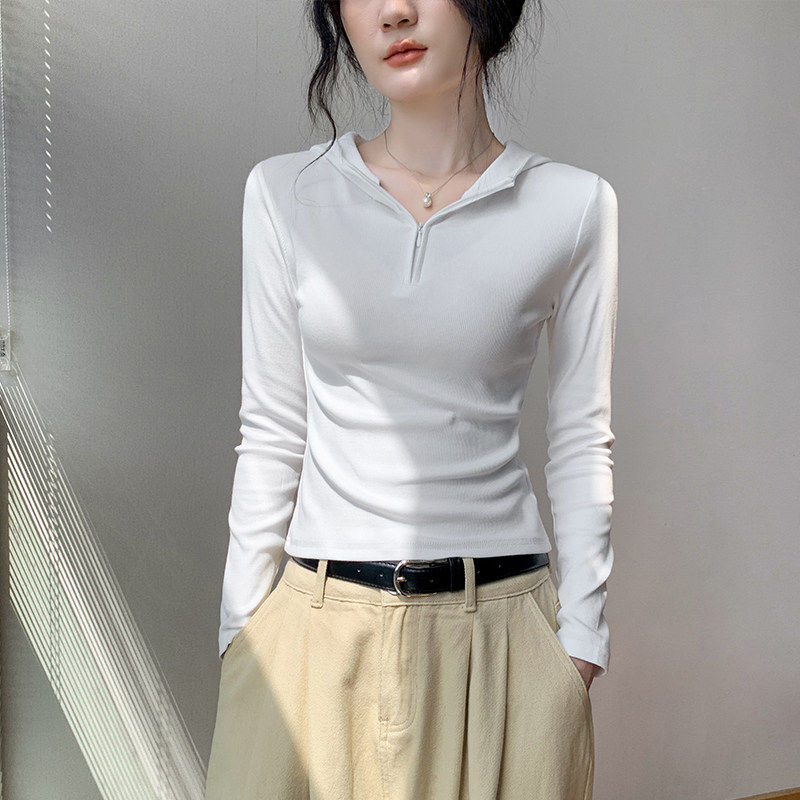白色连帽拉炼长袖T恤女20