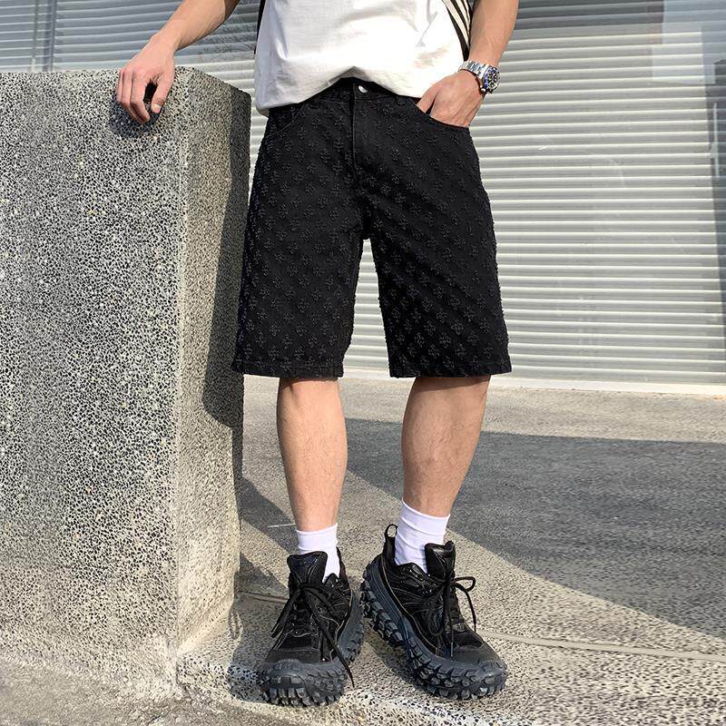韩国潮牌美式高街设计感提花牛仔短裤男士夏季新款潮牌痞帅宽松纯