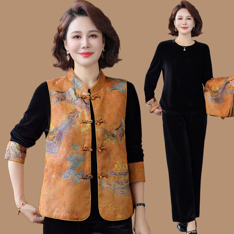 恒源祥新中式妈妈秋装金丝绒套装中老年女春秋季马甲外套时尚国风,女装/女士精品,真丝上装,淘宝优惠券,粉丝福利购,淘宝优惠卷