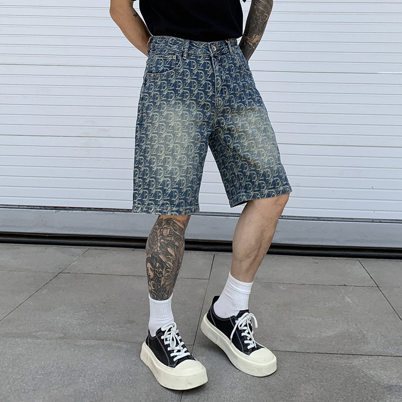 韩国潮牌夏季高端提花短裤男2026年新款潮流五分牛仔裤复古做旧休