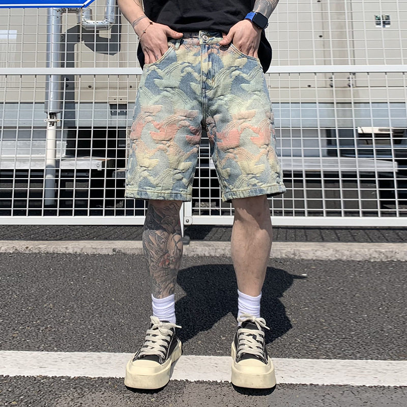韩国潮牌夏季新款美式高街潮牌多彩提花五分裤男士牛仔短裤宽松直