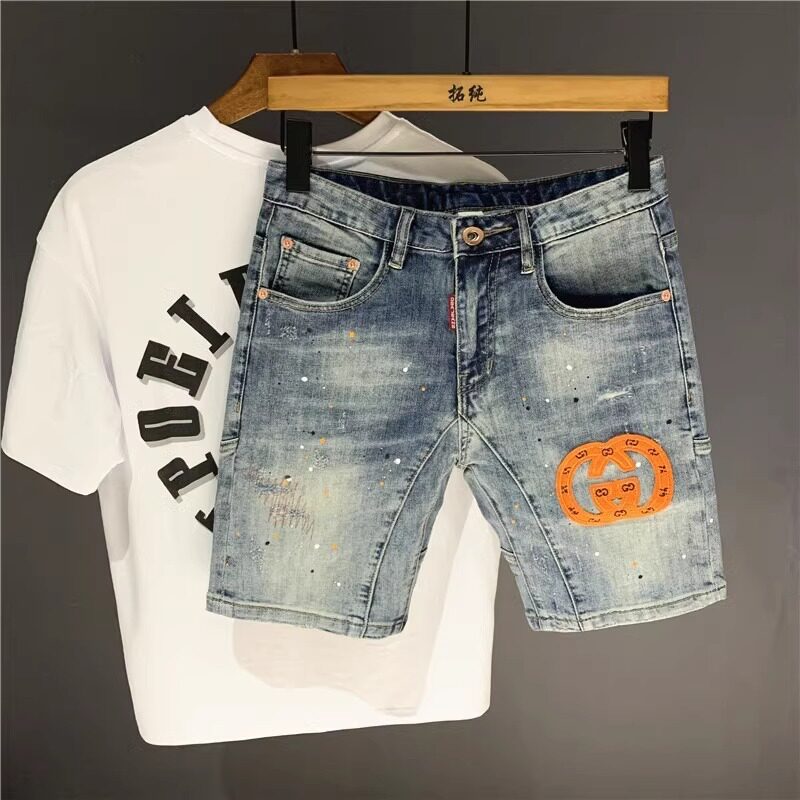 韩国潮牌欧洲牛仔短裤男潮牌绣标破洞小脚水洗五分中裤夏百搭外贸