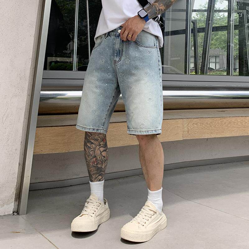 韩国潮牌浅色刺绣牛仔短裤男美式休闲五分裤2025年夏季新款男士薄