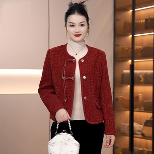 恒源祥妈妈装气质国风盘口上衣妈妈外套春秋小香风红色显瘦女装一