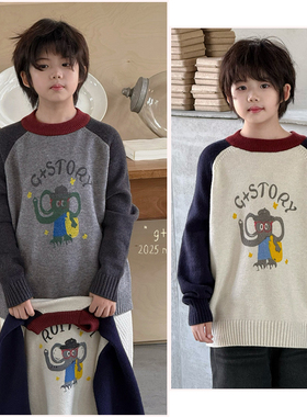 G+童装儿童插肩袖卡通拼色毛衣25冬新男女童软糯针织衫上衣52852