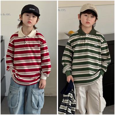 大E小e童装儿童撞色条纹POLO领卫衣2025春季新品男女童长袖衫3615