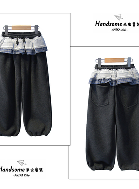 ANIKA童装儿童一体绒甜酷花边裤25冬季新女童长裤中童休闲裤2883