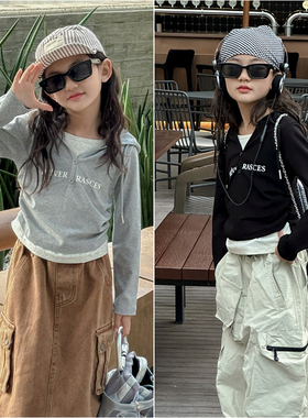 布芮欧童装儿童甜酷短款假两件卫衣24冬季新品女童修身帽衫16071