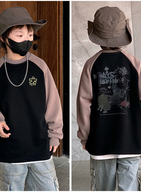 大E小e童装儿童涂鸦一体绒插肩袖T恤24冬季男童加绒加厚长袖9723