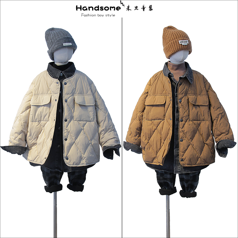 洋气假两件拼接牛仔羽绒服外套