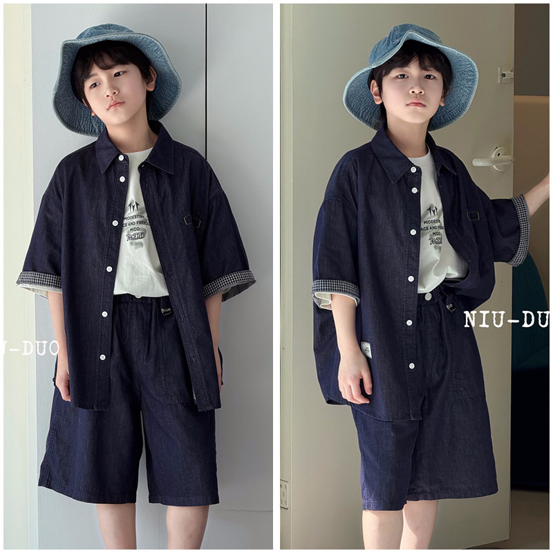 牛哆哆童装儿童韩版牛仔套装26夏季新品男女童翻领衬衫+短裤95536