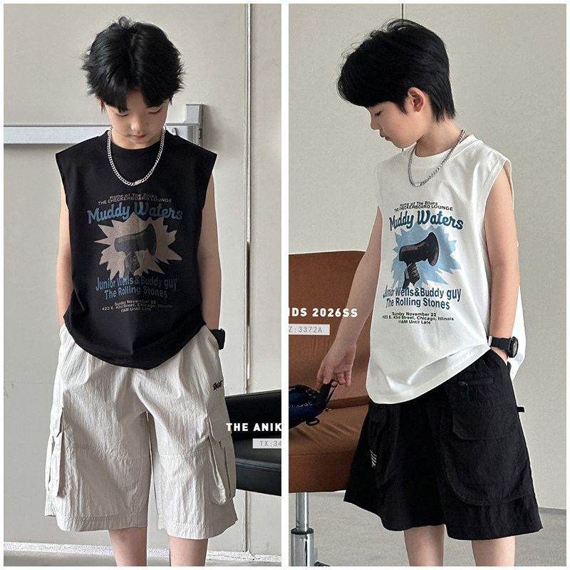 ANIKA童装儿童阔版无袖背心T恤26夏季新品男童宽松运动上衣3432