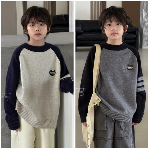 G+儿童学院风撞色绵羊毛针织衫