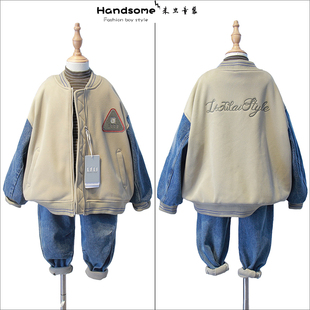 啦芙莱童装儿牛仔拼接双层加厚棒球服24初冬新男童亲子装外套9898